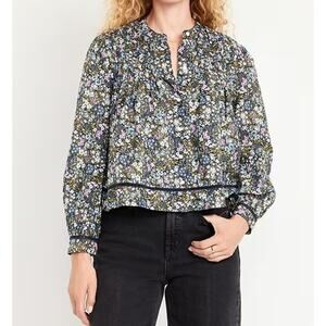 Old Navy Pintucked Cropped Boxy Long Sleeve Floral Blouse Shirt Blue Green 2X